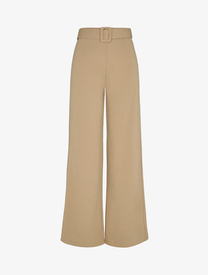 Pantalon droit extra long à ceinture à boucle carrée - Beige - 1