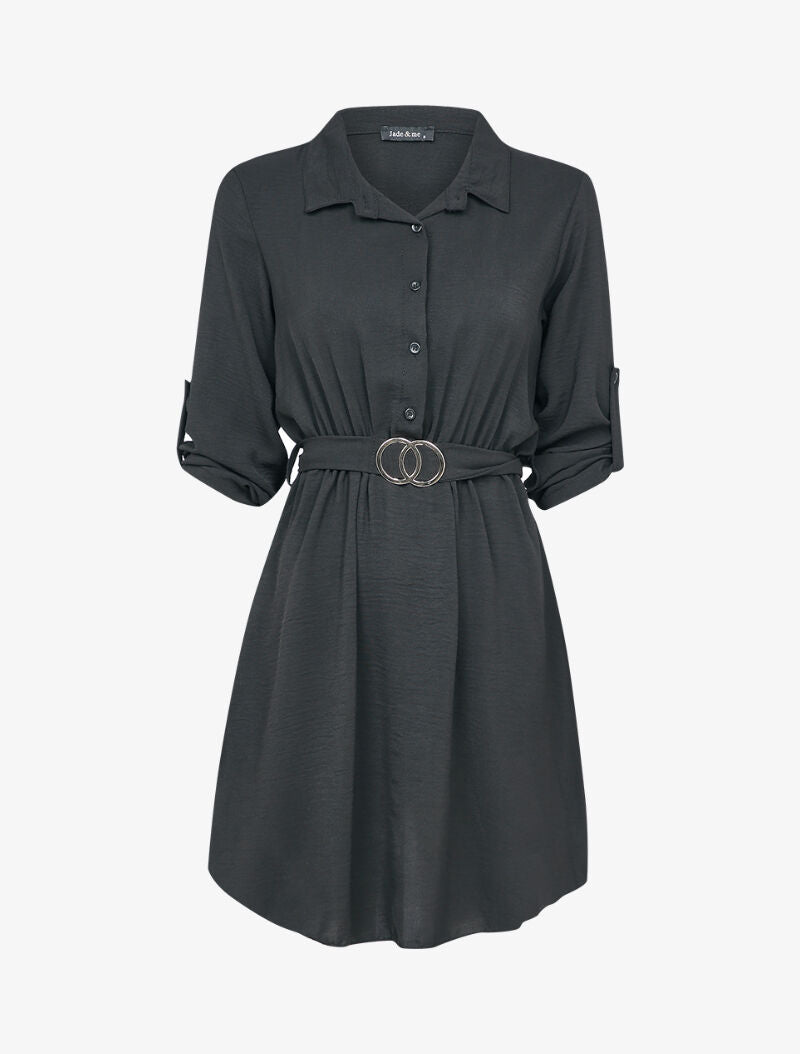Robe chemise à taille élastiquée et détail boucle dorée - Noir - 1