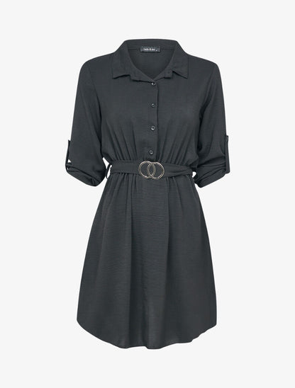 Robe chemise à taille élastiquée et détail boucle dorée - Noir - 1
