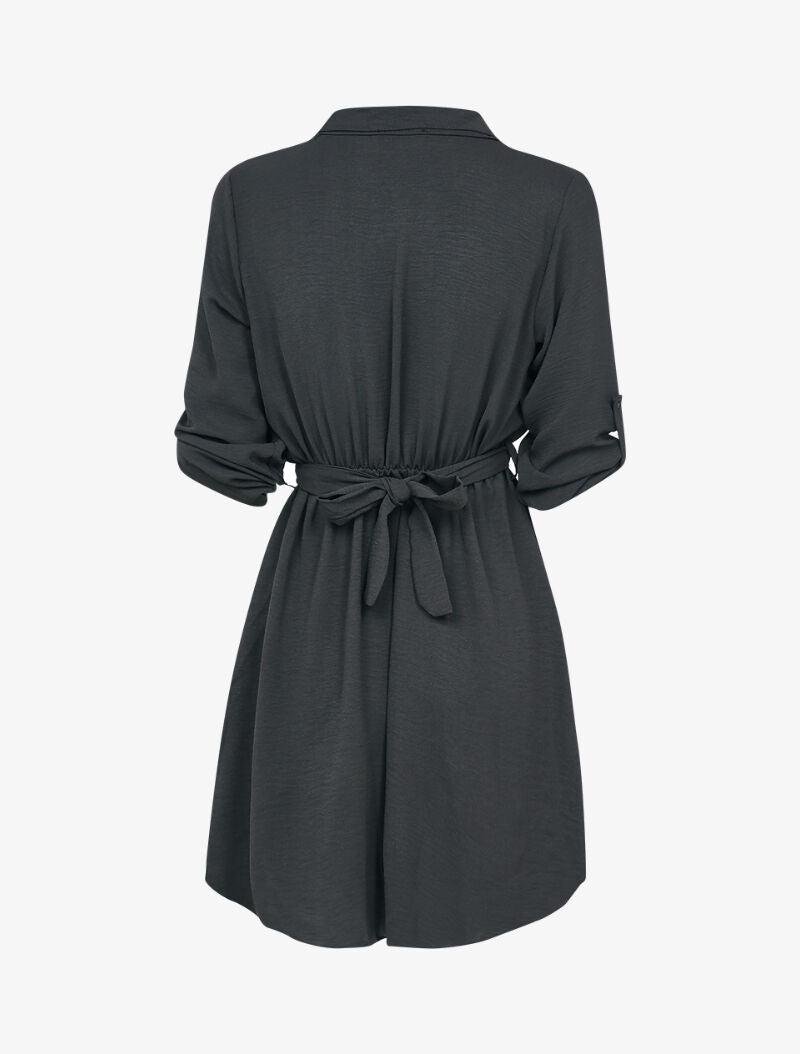 Robe chemise à taille élastiquée et détail boucle dorée - Noir - 2