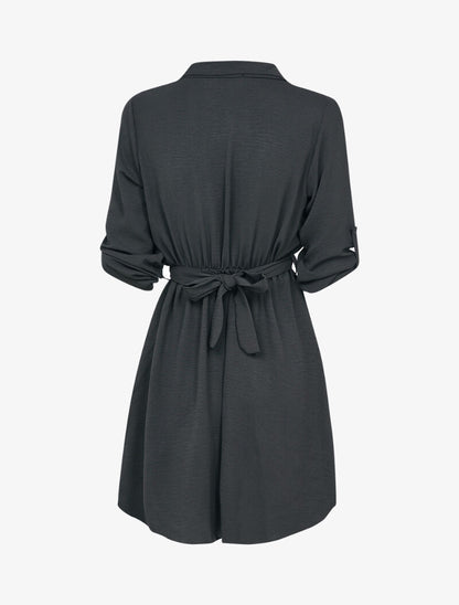 Robe chemise à taille élastiquée et détail boucle dorée - Noir - 2