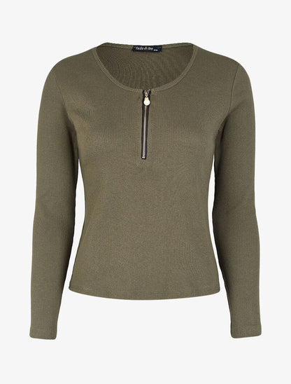 Top côtelé à col rond zippé à détail perles et strass - Kaki - 1