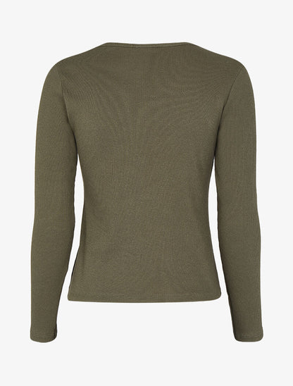 Top côtelé à col rond zippé à détail perles et strass - Kaki - 2