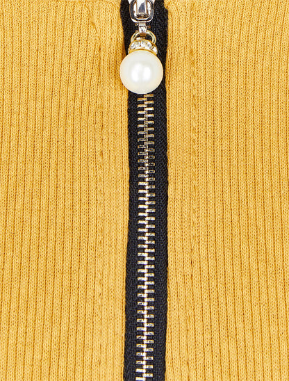 Top côtelé à col rond zippé à détail perles et strass - Moutarde - 3