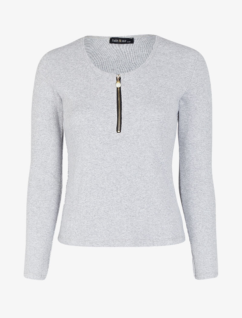 Top côtelé à col rond zippé à détail perles et strass - Gris chiné - 1