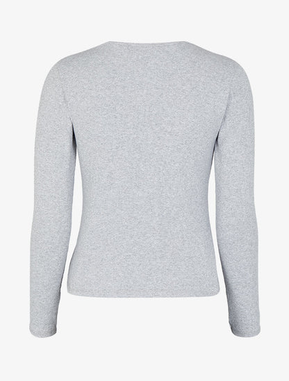Top côtelé à col rond zippé à détail perles et strass - Gris chiné - 2