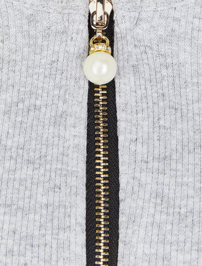 Top côtelé à col rond zippé à détail perles et strass - Gris chiné - 3