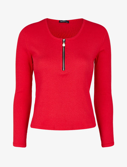 Top côtelé à col rond zippé à détail perles et strass - Rouge - 4