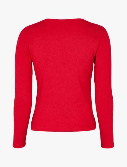 Top côtelé à col rond zippé à détail perles et strass - Rouge - 2