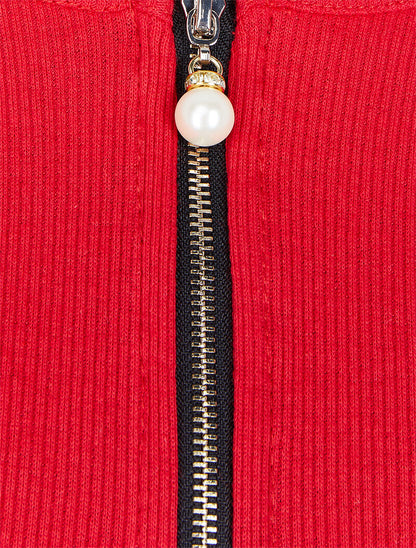 Top côtelé à col rond zippé à détail perles et strass - Rouge - 3