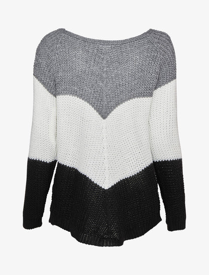 Pull en maille épaisse à motif en V tricolore - Noir - 2