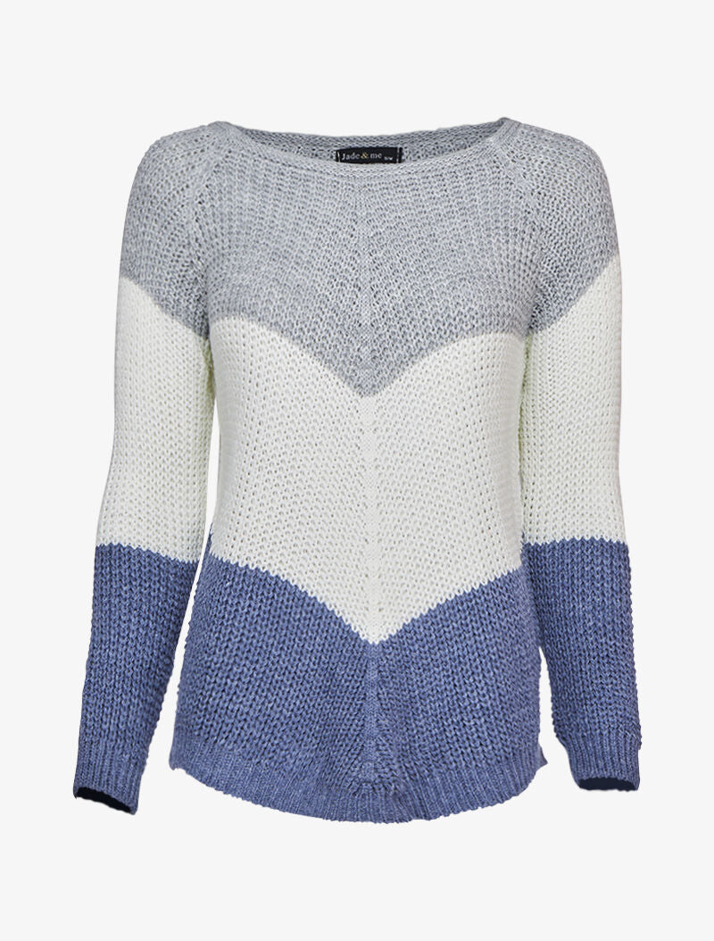 Pull en maille épaisse à motif en V tricolore - Marine - 1