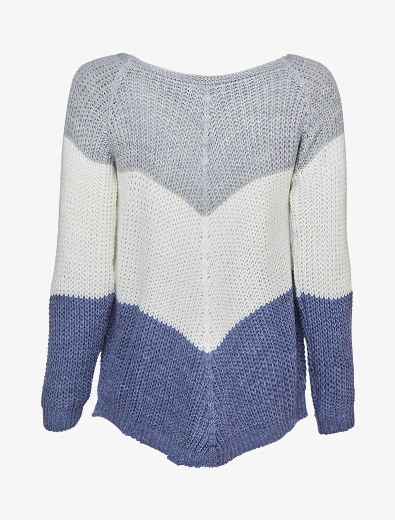 Pull en maille épaisse à motif en V tricolore - Marine - 2