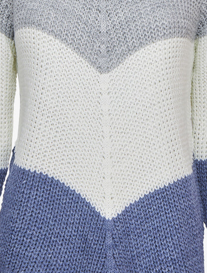Pull en maille épaisse à motif en V tricolore - Marine - 3