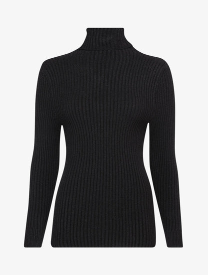 Pull côtelé moulant à col roulé - Noir - 4