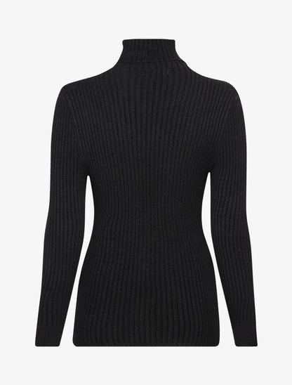 Pull côtelé moulant à col roulé - Noir - 2