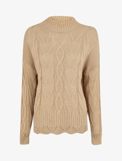 Pull loose en maille tressée à col montant - Camel - 4