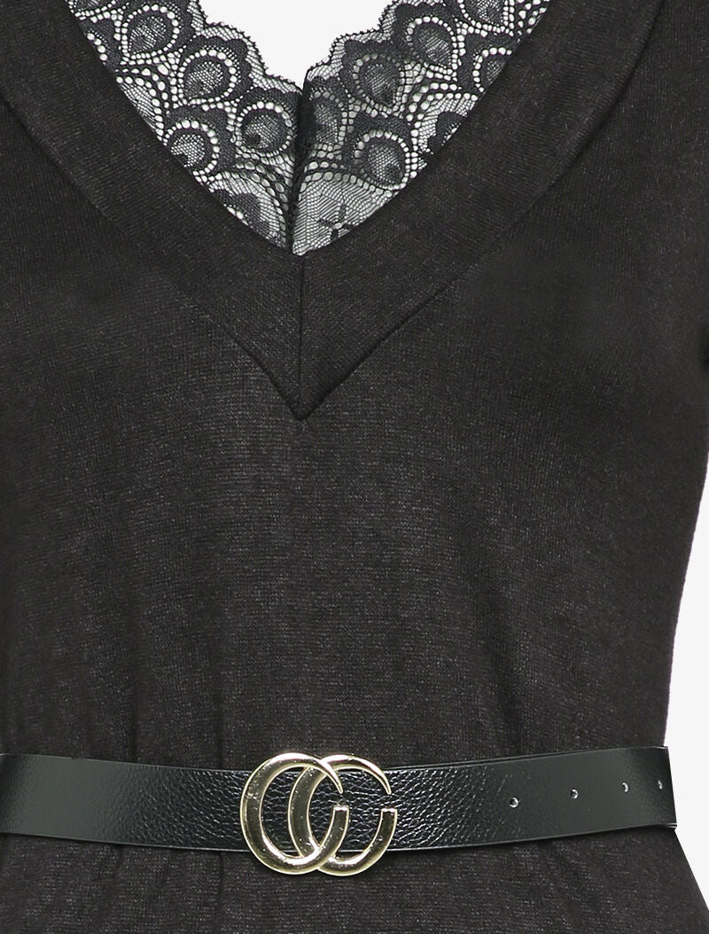 Robe pull à col V en dentelle - Noir - 3
