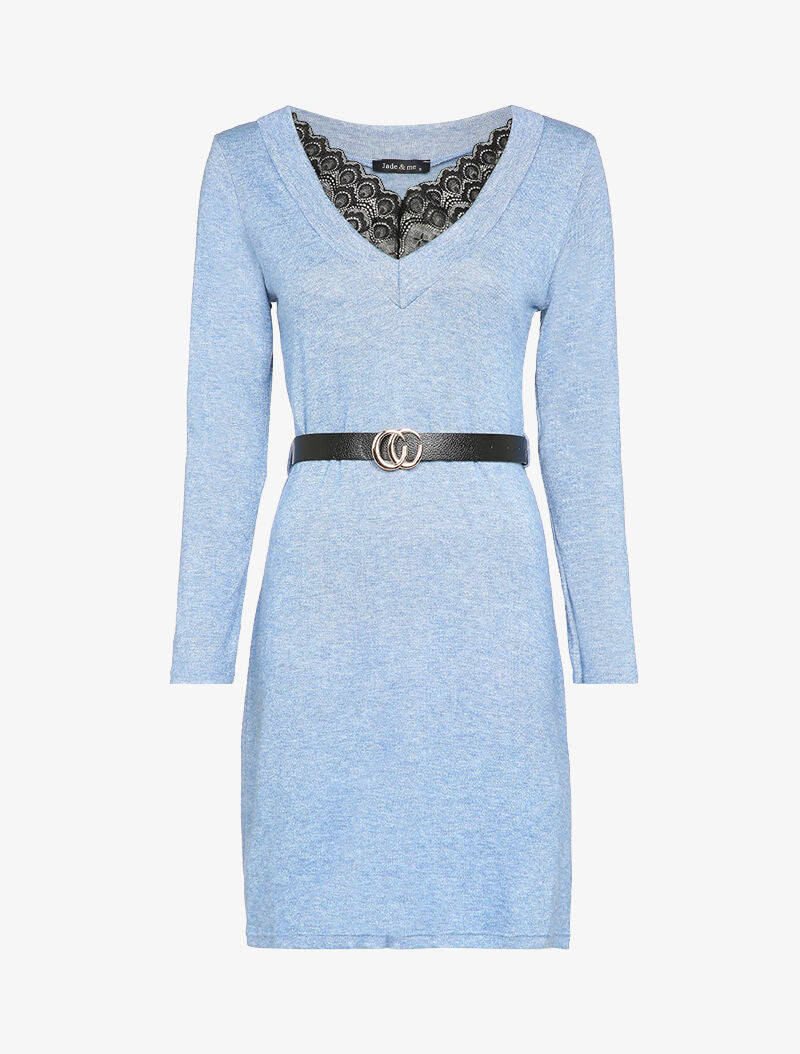 Robe pull à col V en dentelle - Bleu - 2