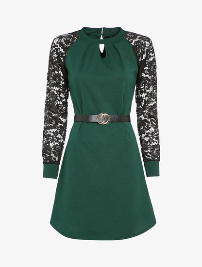 Robe à manches raglan en dentelle - Vert sapin - 4