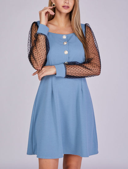 Robe patineuse à manches ajourées - Bleu ciel - 1