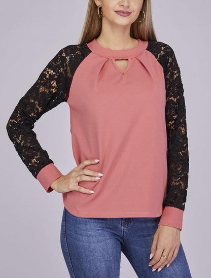 Top col montant et manches en dentelle - Rose - 1