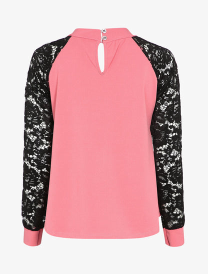 Top col montant et manches en dentelle - Rose - 3