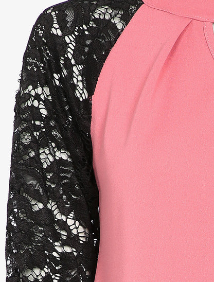 Top col montant et manches en dentelle - Rose - 4