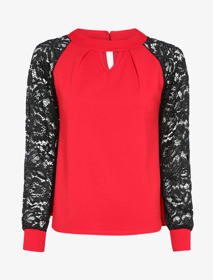 Top col montant et manches en dentelle - Rouge - 1