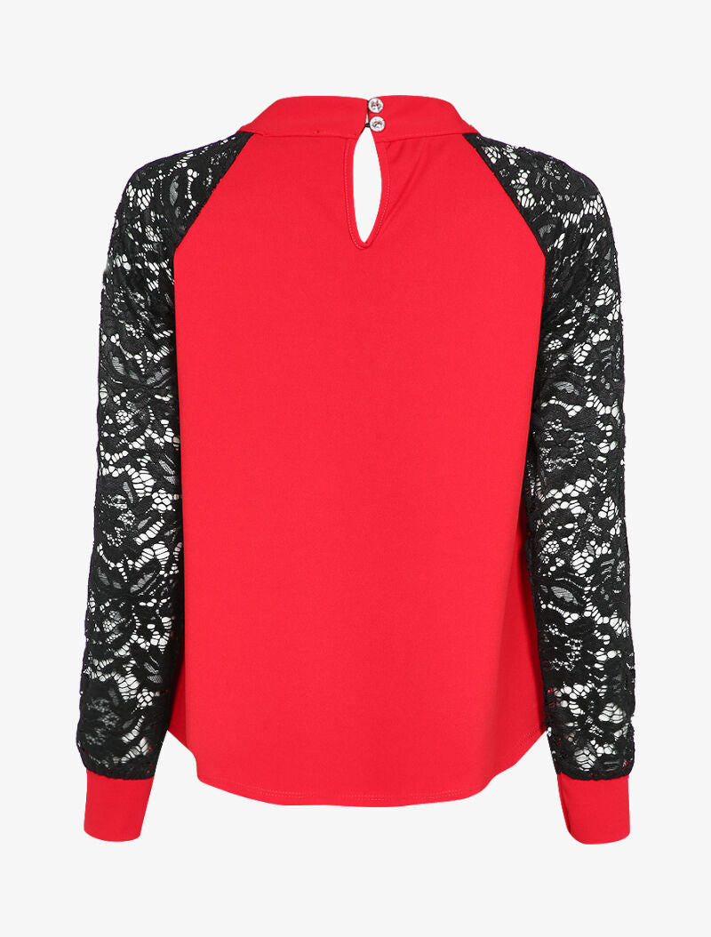 Top col montant et manches en dentelle - Rouge - 2