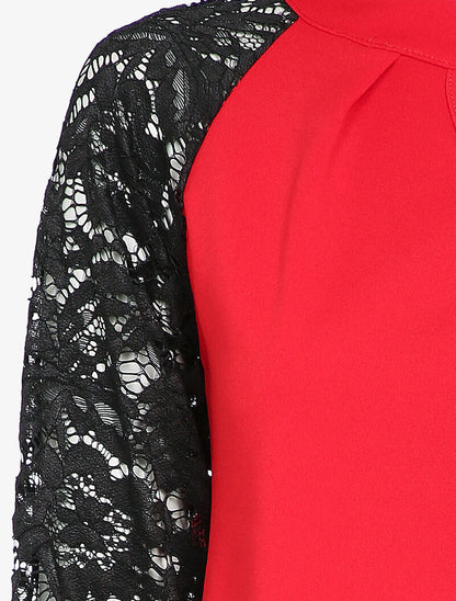 Top col montant et manches en dentelle - Rouge - 3