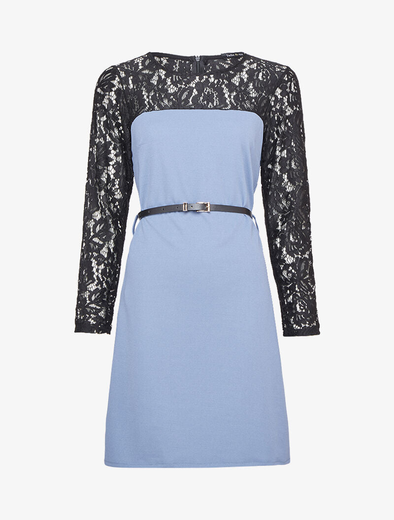 Robe à manches et épaules en dentelle - Bleu charrette - 3