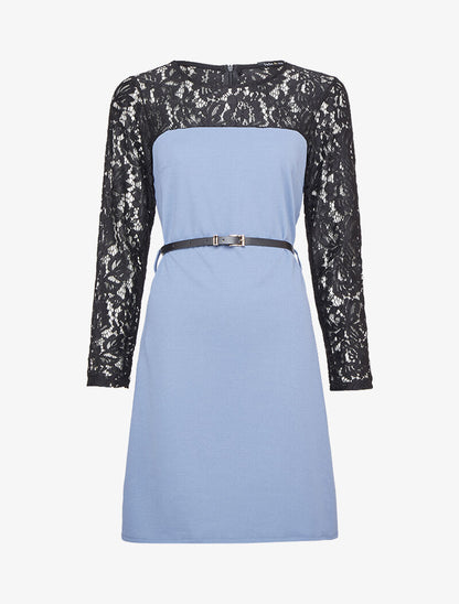 Robe à manches et épaules en dentelle - Bleu charrette - 3