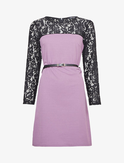 Robe à manches et épaules en dentelle - Lilas - 3