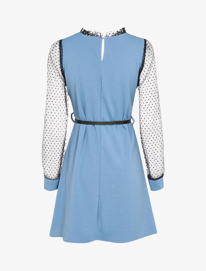 Robe à épaules et manches en plumetis - Bleu ciel - 3