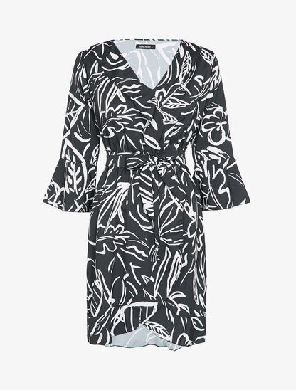 Robe patineuse imprimé à col V - Noir - 2