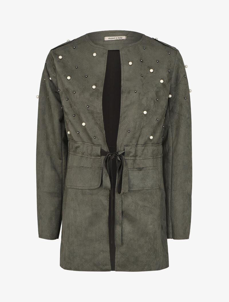 Veste en suédine à perles et liens à nouer - Kaki - 1