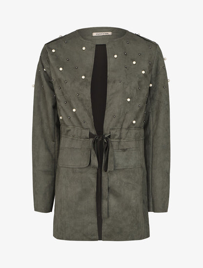 Veste en suédine à perles et liens à nouer - Kaki - 1