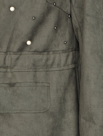 Veste en suédine à perles et liens à nouer - Kaki - 3