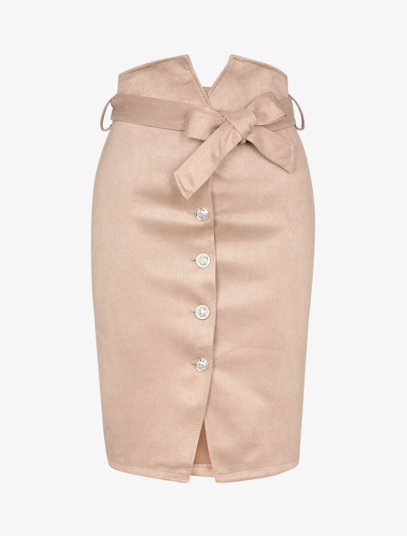 Jupe en suédine à taille empire stylisée - Beige - 4