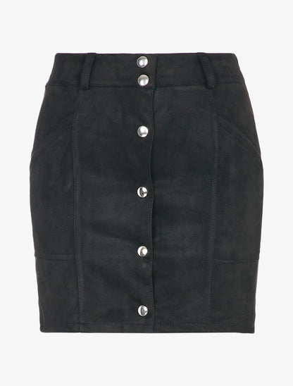 Jupe en suédine boutonnée à taille élastiquée - Noir - 1