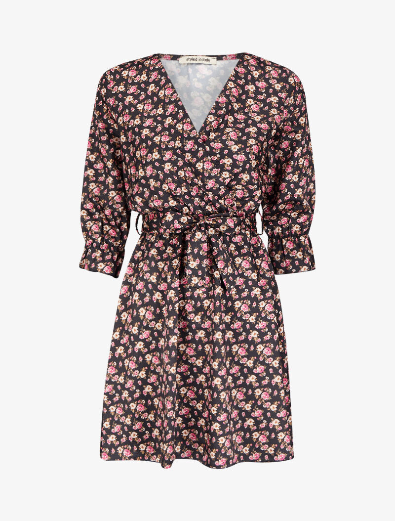 Robe satinée à imprimé petites roses - Noir - 1