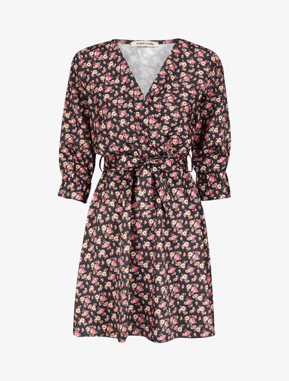 Robe satinée à imprimé petites roses - Noir - 1