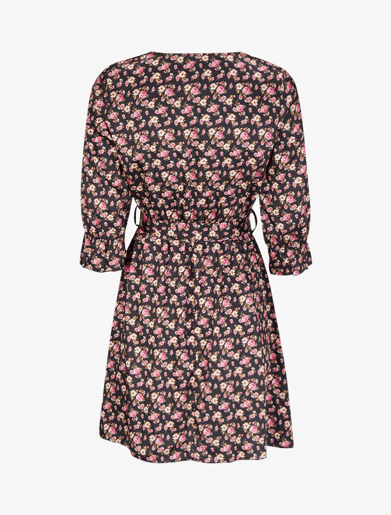 Robe satinée à imprimé petites roses - Noir - 2
