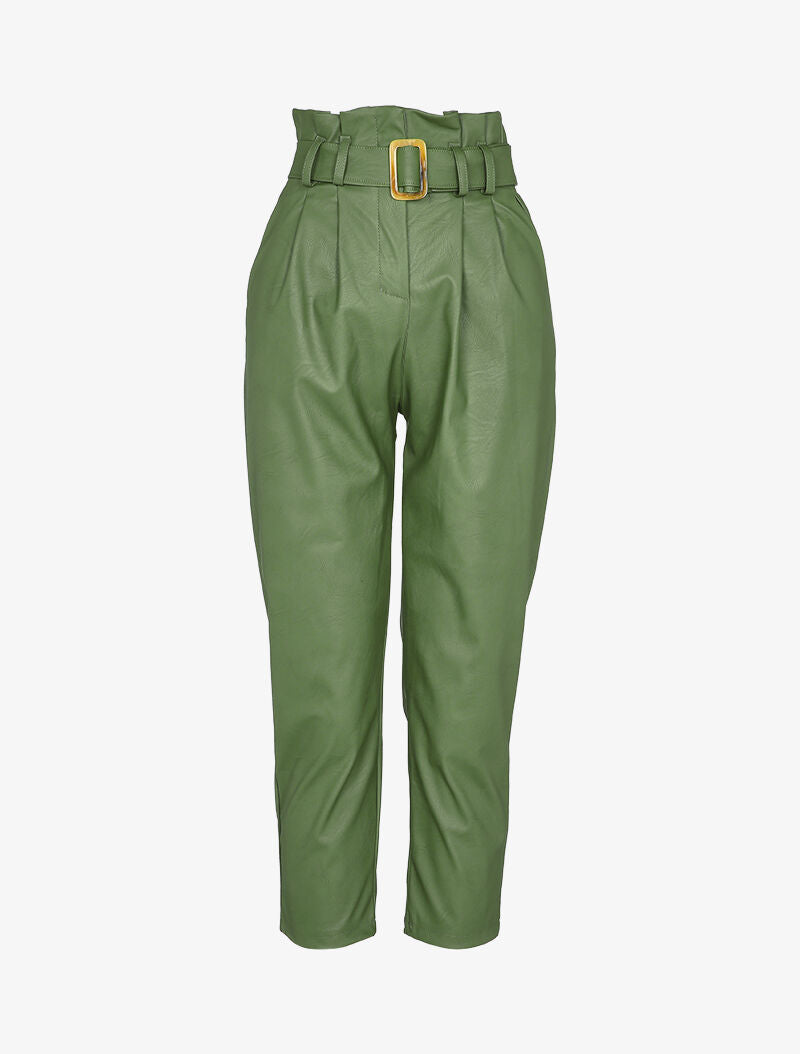Pantalon carotte à taille empire froncée en simili - Kaki - 3