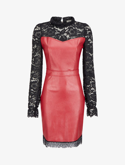 Robe fourreau en simili et dentelle - Rouge - 4
