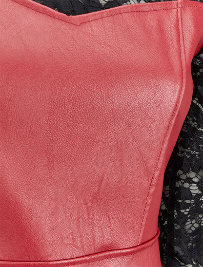 Robe fourreau en simili et dentelle - Rouge - 3