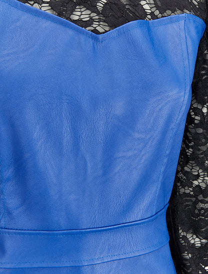 Robe fourreau en simili et dentelle - Bleu électrique - 3