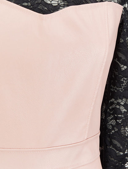 Robe fourreau en simili et dentelle - Rose pâle - 3