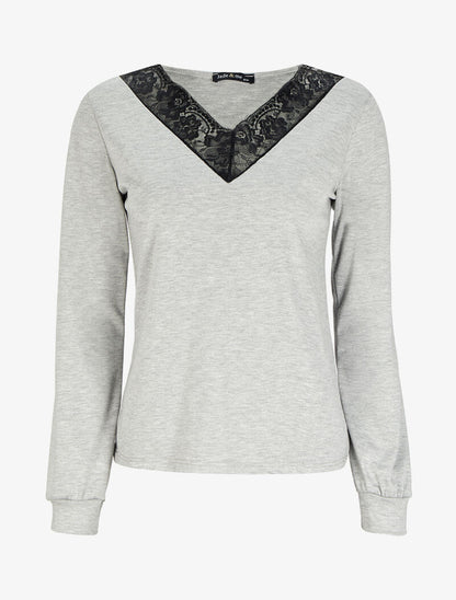 Top à col V large en dentelle - Gris chiné - 1